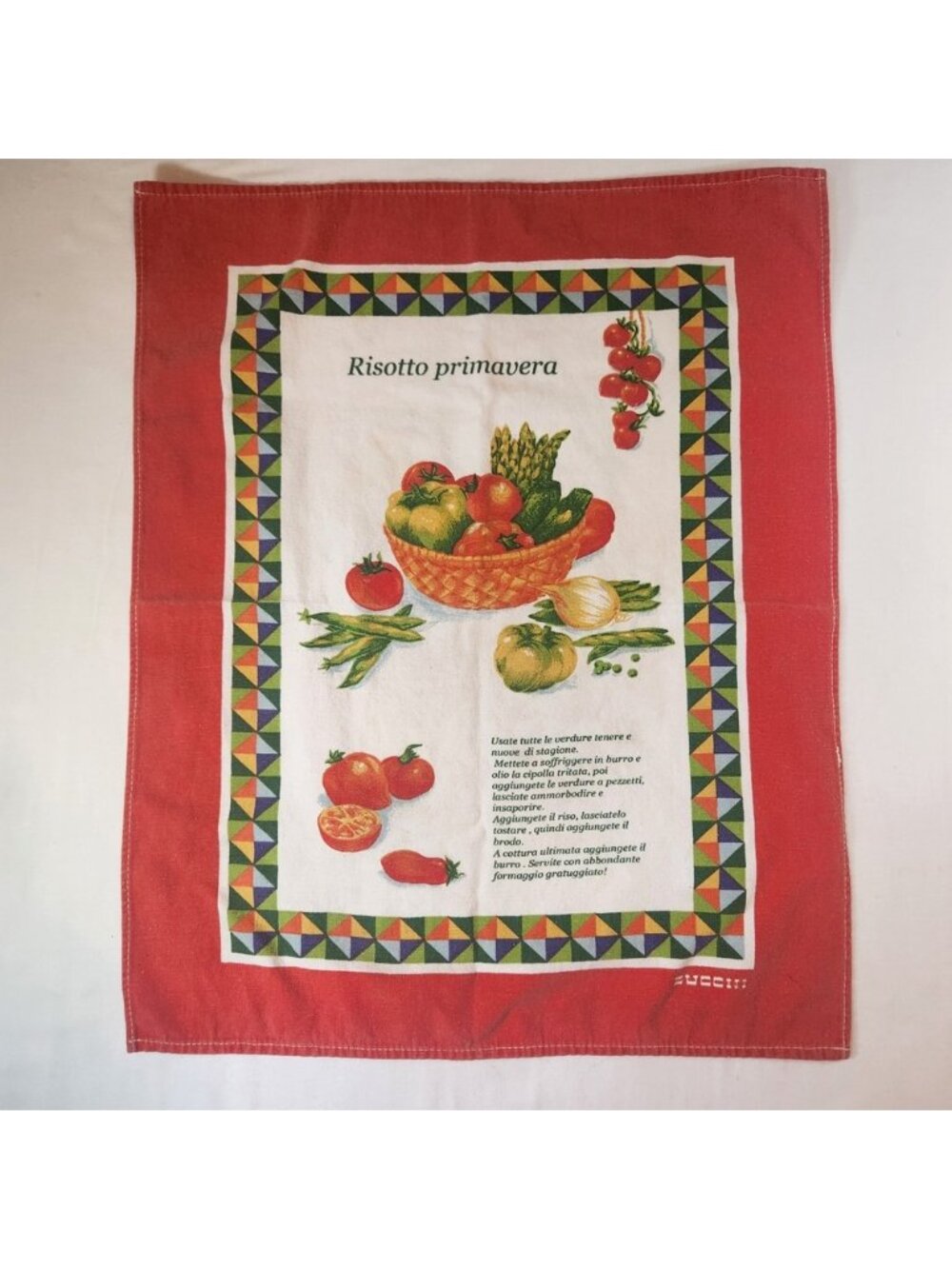 70s Vintage Zucchi Italy Risotto Primavera Cotton Tea Towel Red Recipe Kitchen
